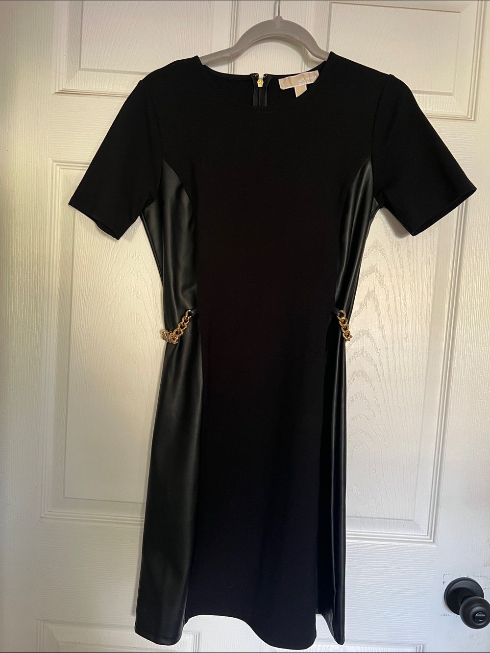 Michael Kors Black Faux-Leather Panel Short Sleeve Dress with Gold Chain Detail
